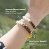 Two gemstone bead bracelets for men and women on wrist, outdoor background