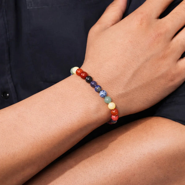 Hand wearing a colorful gemstone beaded bracelet on the wrist