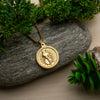 Gold round pendant with engraved beetle design on chain, displayed on stone with green plants
